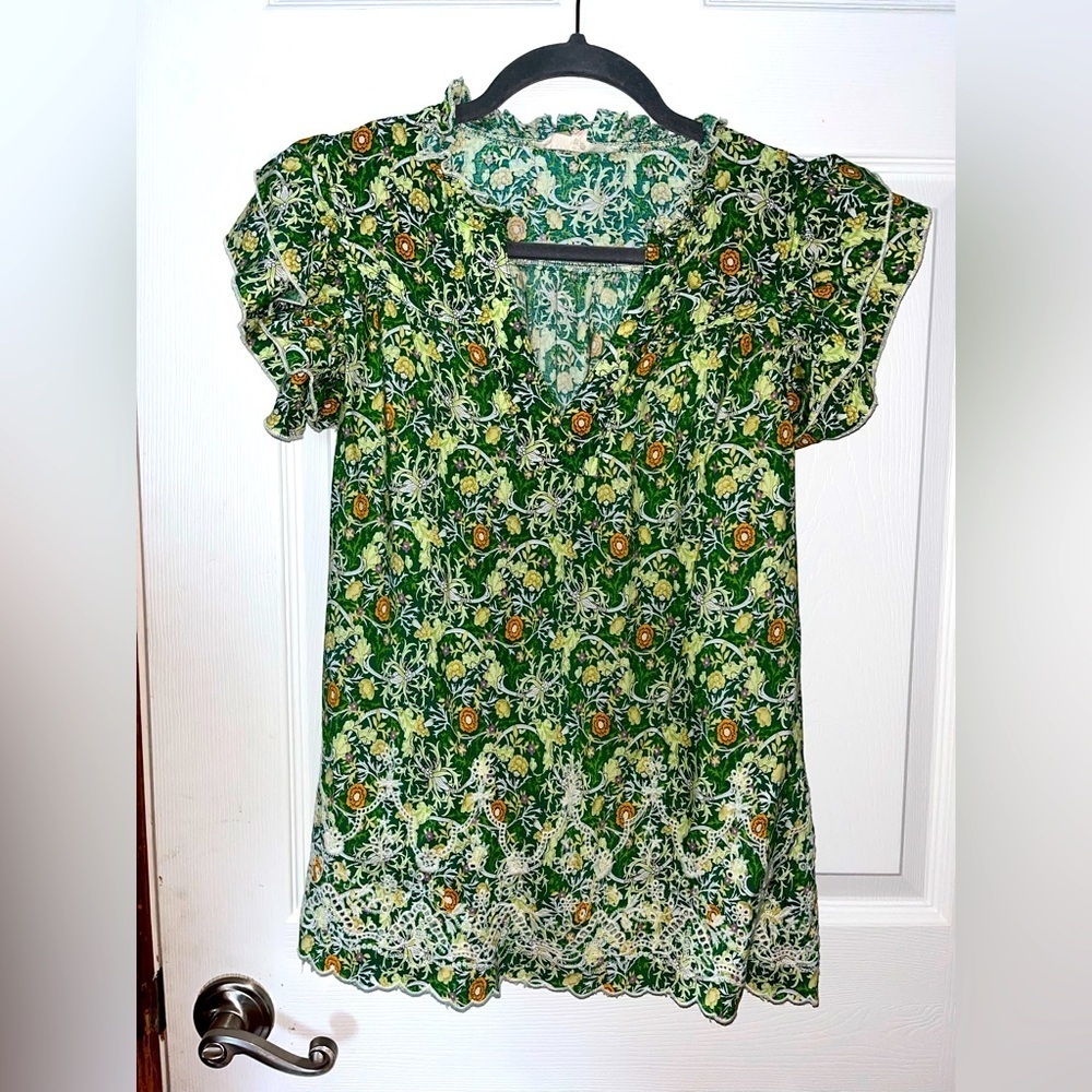 Solitaire Green and Yellow Floral Short Sleeve Blouse Medium